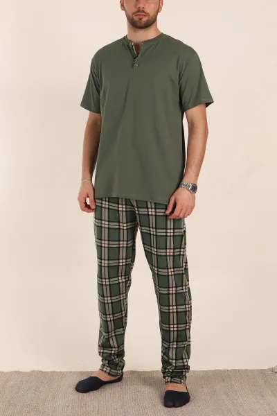 Haki Ekose Desenli 3 Düğmeli Kısa Kol Erkek Pijama Takımı 357473