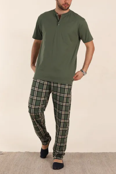 Haki Ekose Desenli 3 Düğmeli Kısa Kol Erkek Pijama Takımı 357473