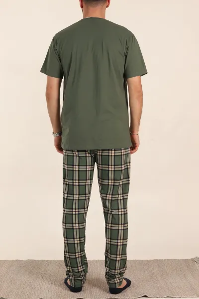 Haki Ekose Desenli 3 Düğmeli Kısa Kol Erkek Pijama Takımı 357473