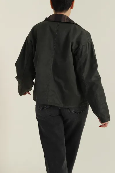 Haki Ekose Kadın Barbour İçi Kürklü  Parka Mont 427721
