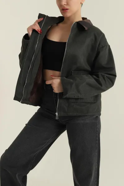 Haki Ekose Kadın Barbour İçi Kürklü  Parka Mont 427721