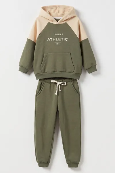 Haki Ekru (6-10 Yaş) Athletic Baskılı Kapüşonlu   3 İp Şardonlu Erkek Çocuk Kışlık Takım 481859