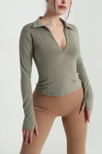 Haki Fermuarlı Belize Kadın Bluz 482775