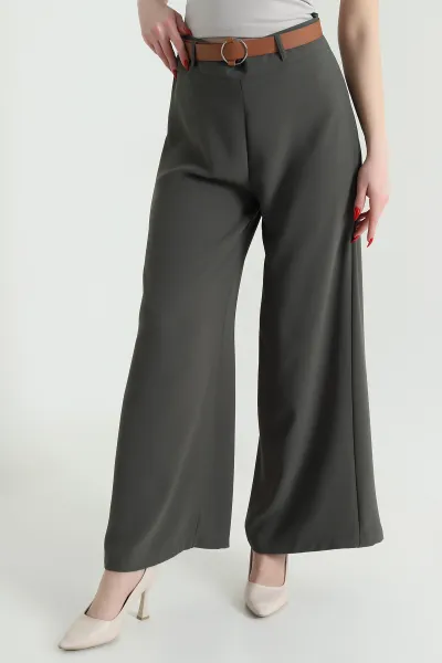 Haki Fermuarlı Tencel Crep Kadın Pantolon 440762