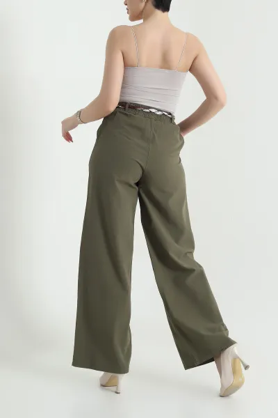 Haki Fular Kemerli Tensel Gabardin Kadın Pantolon 440439