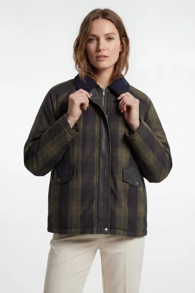 Haki Gabardin Yaka Ekose Kadın Barbour İçi Kürklü  Parka Mont 427714