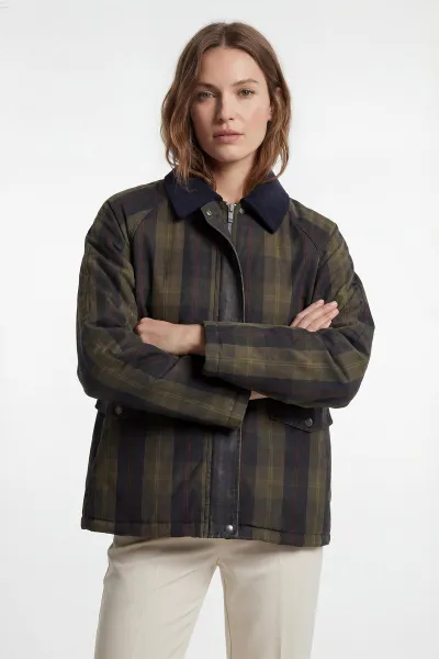Haki Gabardin Yaka Ekose Kadın Barbour İçi Kürklü  Parka Mont 427714