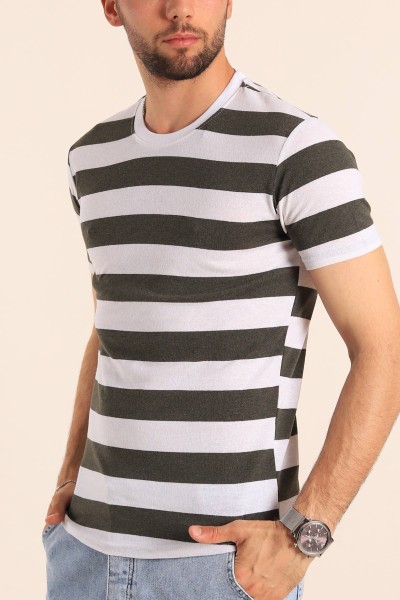 Haki Geniş Çizgili Regular Fit Erkek Tişört 189819