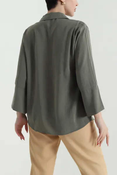 Haki Gizli Pat Oversize Modal Kadın Gömlek 440200