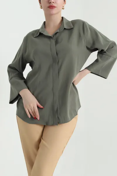 Haki Gizli Pat Oversize Modal Kadın Gömlek 440200