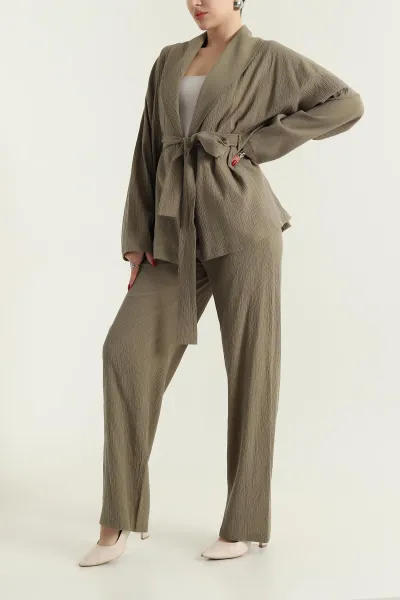 Haki Gofre Kimono Pantolon Kadın İkili Takım 429930
