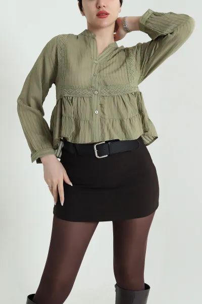 Haki Güpürlü Çizgili Tencel Kadın Gömlek 449025