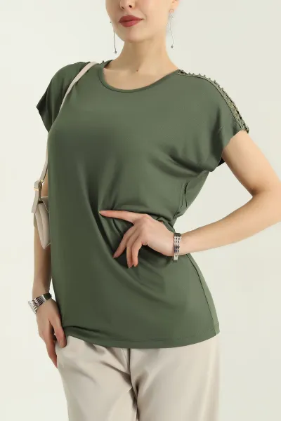 Haki İncili Dantelli Çilek Bluz 334547