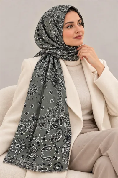 Haki İthal Çift Tarafı Baskılı Yumuşak Dokulu Şal Desenli Kadın Şal 90x180 cm 498723