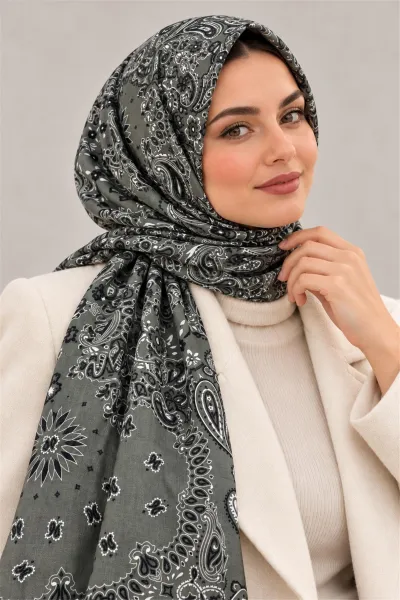 Haki İthal Çift Tarafı Baskılı Yumuşak Dokulu Şal Desenli Kadın Şal 90x180 cm 498723