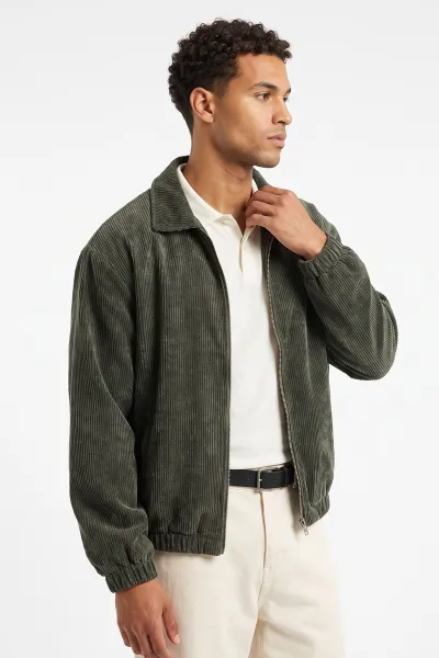 Haki Kadife Oversize Fermuarlı Erkek Ceket 491698