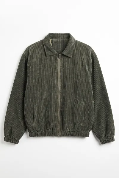 Haki Kadife Oversize Fermuarlı Erkek Ceket 491698
