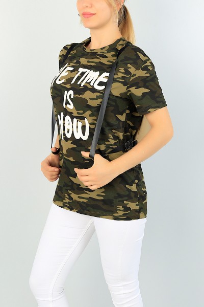 Haki Kamuflaj Desen Bayan Baskılı Tişört 68889