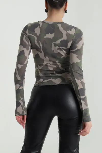 Haki Kamuflaj Desen Kadın Body Bluz 492599