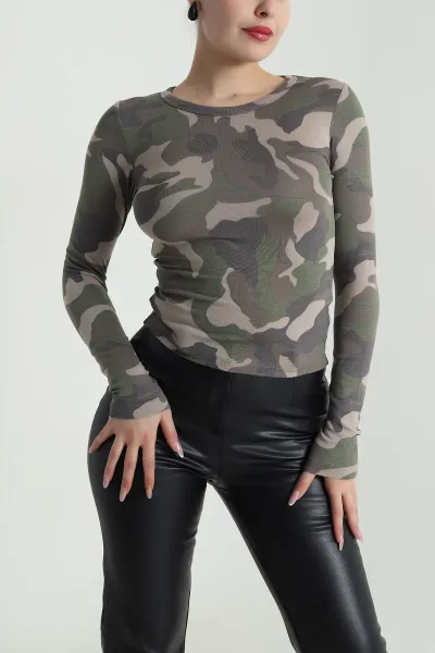 Haki Kamuflaj Desen Kadın Body Bluz 492599
