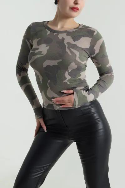 Haki Kamuflaj Desen Kadın Body Bluz 492599