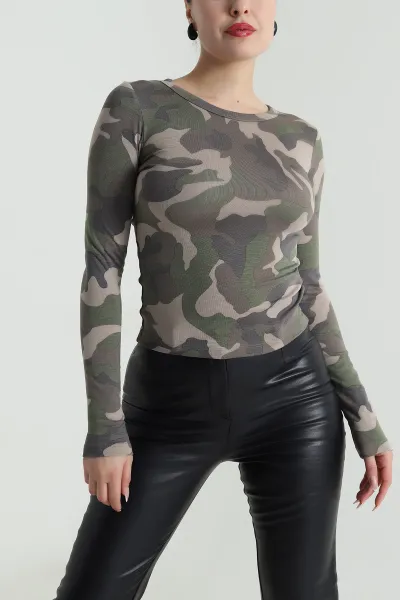 Haki Kamuflaj Desen Kadın Body Bluz 492599