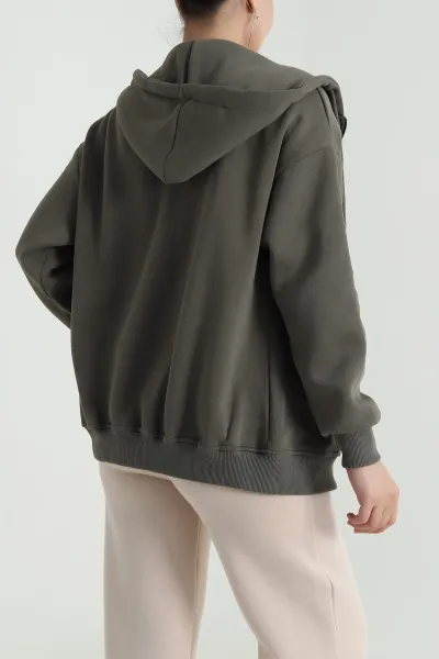 Haki Kapşonlu Şardonlu Üç İp Kadın Sweat 483269