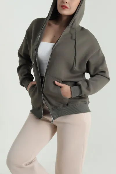 Haki Kapşonlu Şardonlu Üç İp Kadın Sweat 483269