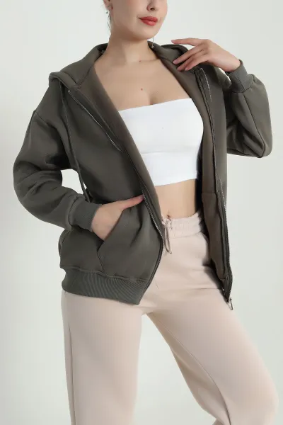 Haki Kapşonlu Şardonlu Üç İp Kadın Sweat 483269