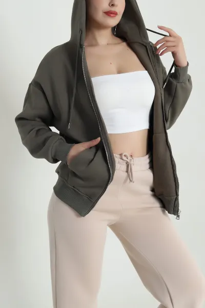 Haki Kapşonlu Şardonlu Üç İp Kadın Sweat 483269