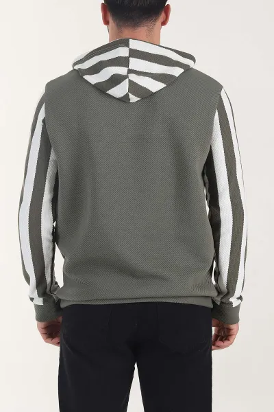 Haki Kapüşonlu Şerit Detaylı Erkek Sweatshirt 408064