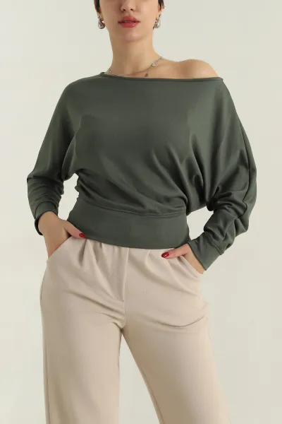 Haki Kayık Yaka Modal Kadın Bluz 415896