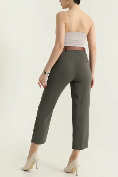 Haki Kemerli İthal Crep Kadın Pantolon 436912
