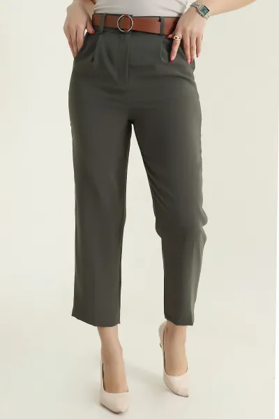 Haki Kemerli İthal Crep Kadın Pantolon 436912
