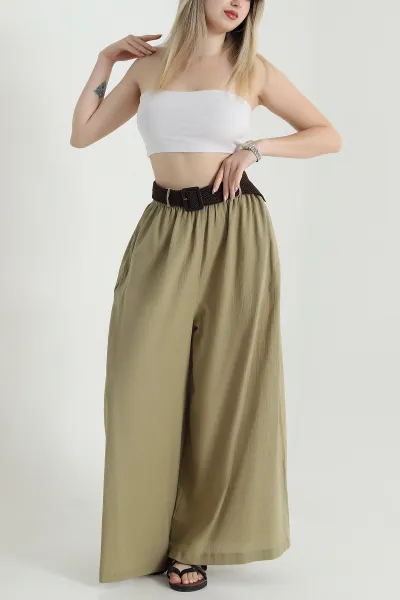 Haki Kemerli Krinkıl Kadın Pantolon 470056