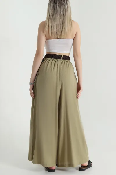 Haki Kemerli Krinkıl Kadın Pantolon 470056