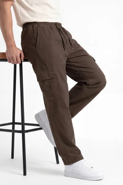 Kahverengi Keten Baggy Kargo Cepli Erkek Pantolon 456100