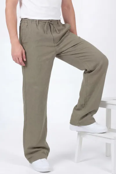 Haki Keten Yeni Sezon Baggy Belden Bağlamalı Erkek Pantolon 462732
