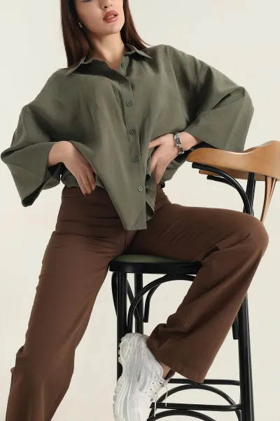 haki-kisa-kol-tencel-oversize-bayan-gomlek-337585