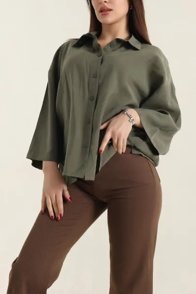 Haki Kısa Kol Tencel Oversize Bayan Gömlek 337585