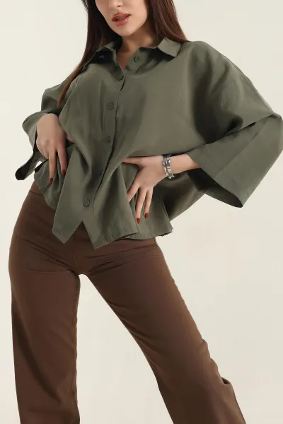 Haki Kısa Kol Tencel Oversize Bayan Gömlek 337585
