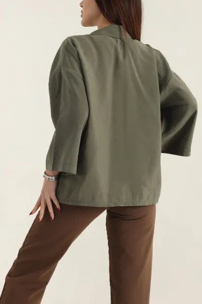 Haki Kısa Kol Tencel Oversize Bayan Gömlek 337585