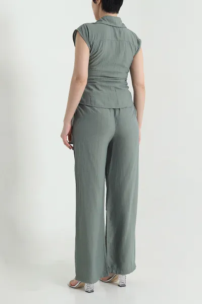 Haki Kraşlı Pantolon Bluz Kadın İkili Takım 455681