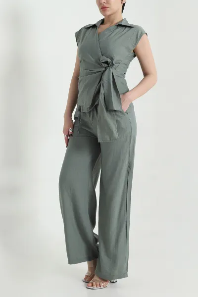 Haki Kraşlı Pantolon Bluz Kadın İkili Takım 455681