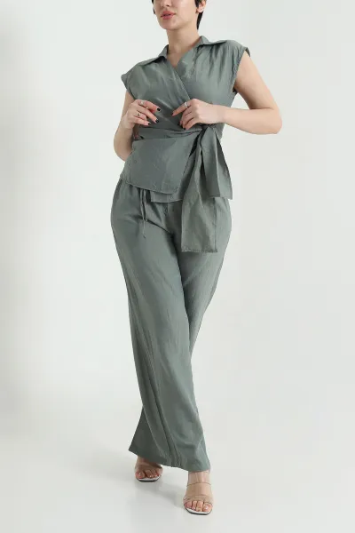 Haki Kraşlı Pantolon Bluz Kadın İkili Takım 455681