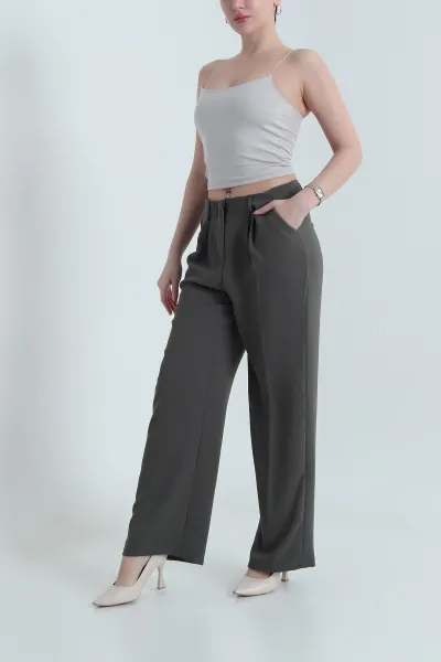 Haki Krep Tencel Fermuarlı Cepli Kadın Pantolon 438804