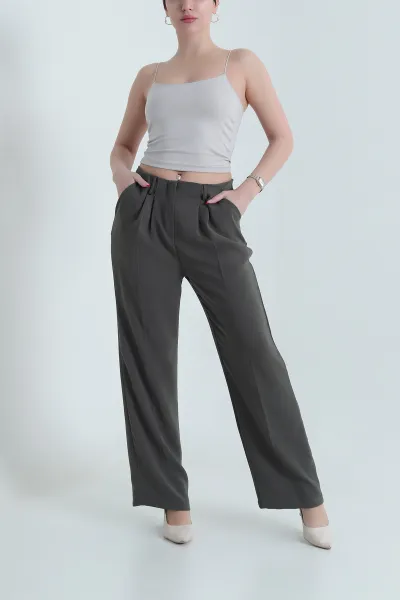 Haki Krep Tencel Fermuarlı Cepli Kadın Pantolon 438804