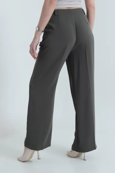 Haki Krep Tencel Fermuarlı Cepli Kadın Pantolon 438804