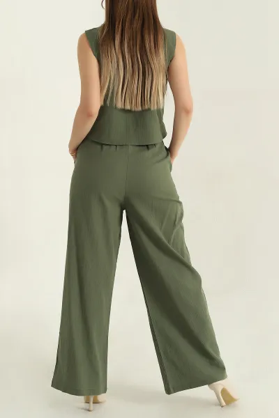 Haki Krinkıl Bluz Pantolon Kadın İkili Takım 374505