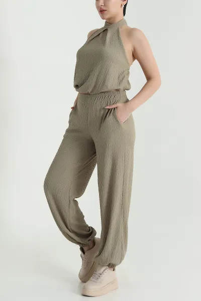 Haki Krinkıl Bluz Pantolon Kadın İkili Takım 468515